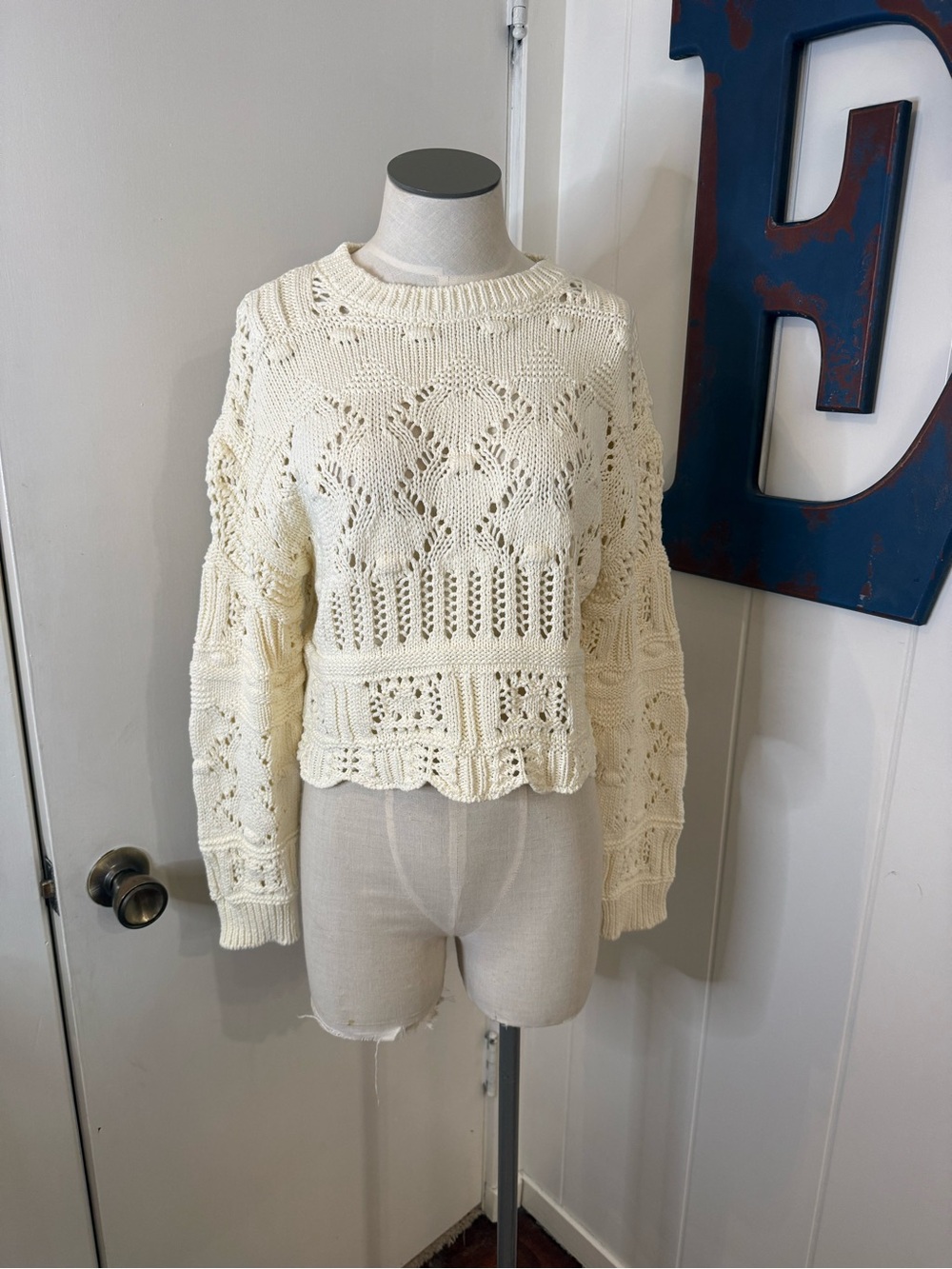 Anthropologie Cream Openwork Crochet Crewneck Sweater Sz M